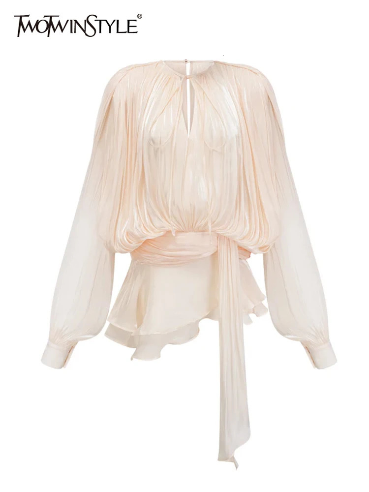 TWOTYLE Elegant Ruched Mini Dress For Women Round Neck Lantern Long Sleeve High Waist Temperament Dresses Female Fashion 250526