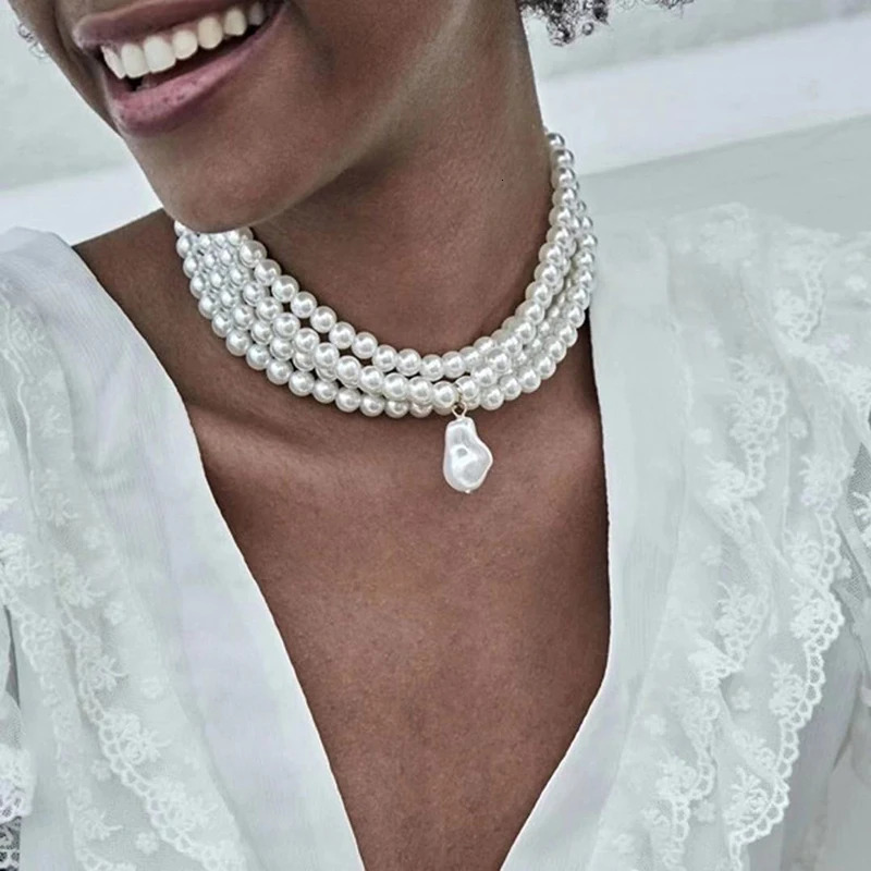 Classic Layered Strand Round Pearls Beads Collar Choker Necklace For Women Irregular Baroque Pearl Pendant Wedding Necklace Gift 250604