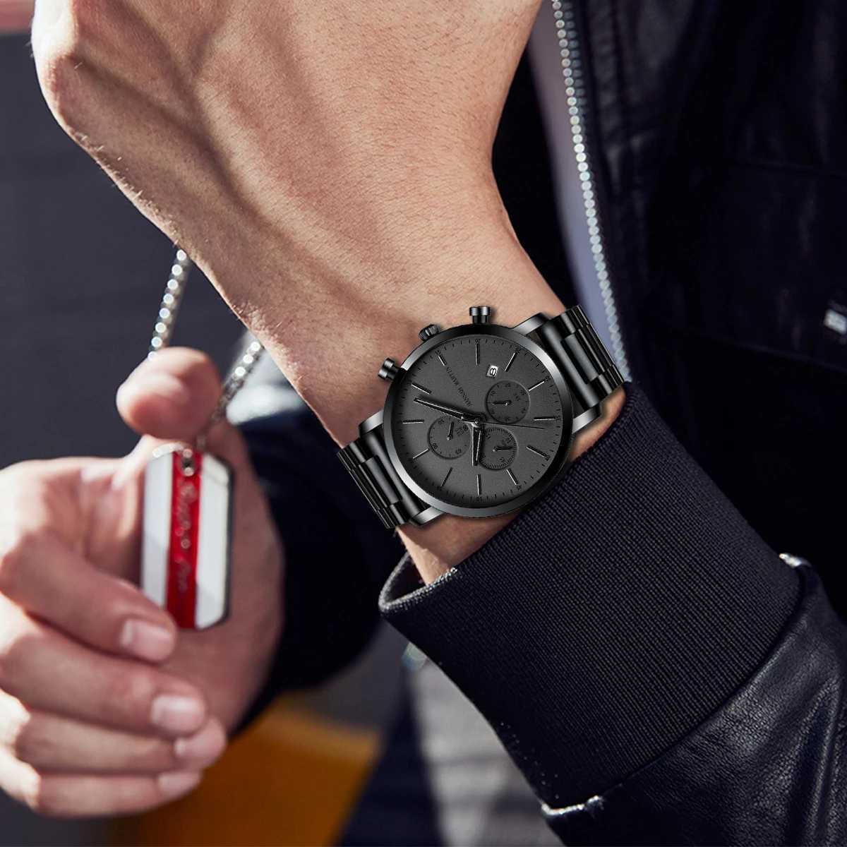 Hannah Martin Multifunctional Sports Mens Watch Black Dial Stainless Steel Waterproof Calendar Quartz Mens Clock Watches Y250605