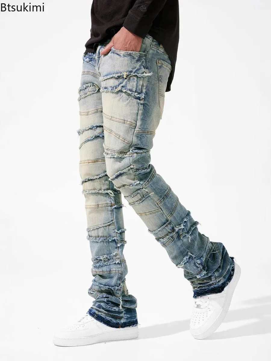 New Mens Patchwork Denim Pants Stacked Jeans Ripped Washed Frayed Pants Vintage Strt Style Slim Fit Straight Trousers for MenC250606