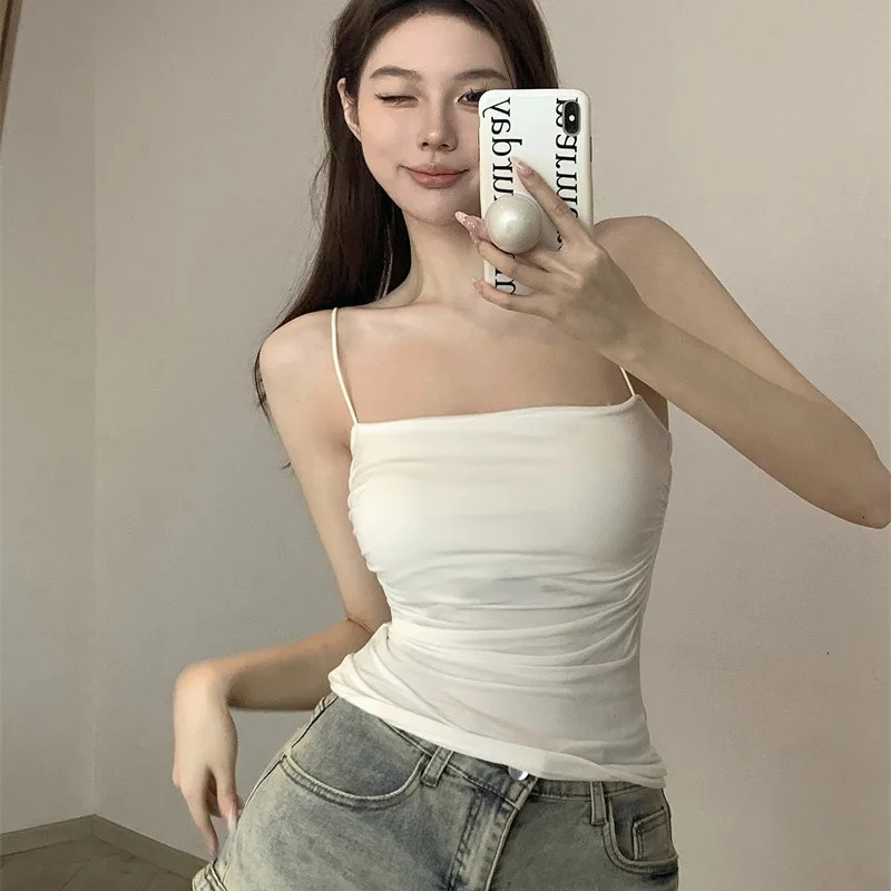 Womens Sleeveless Pleated Slim Fit Vest Sexy Girl Short Top With Thin Shoulder Straps Solid Color Simple Fashion 250527