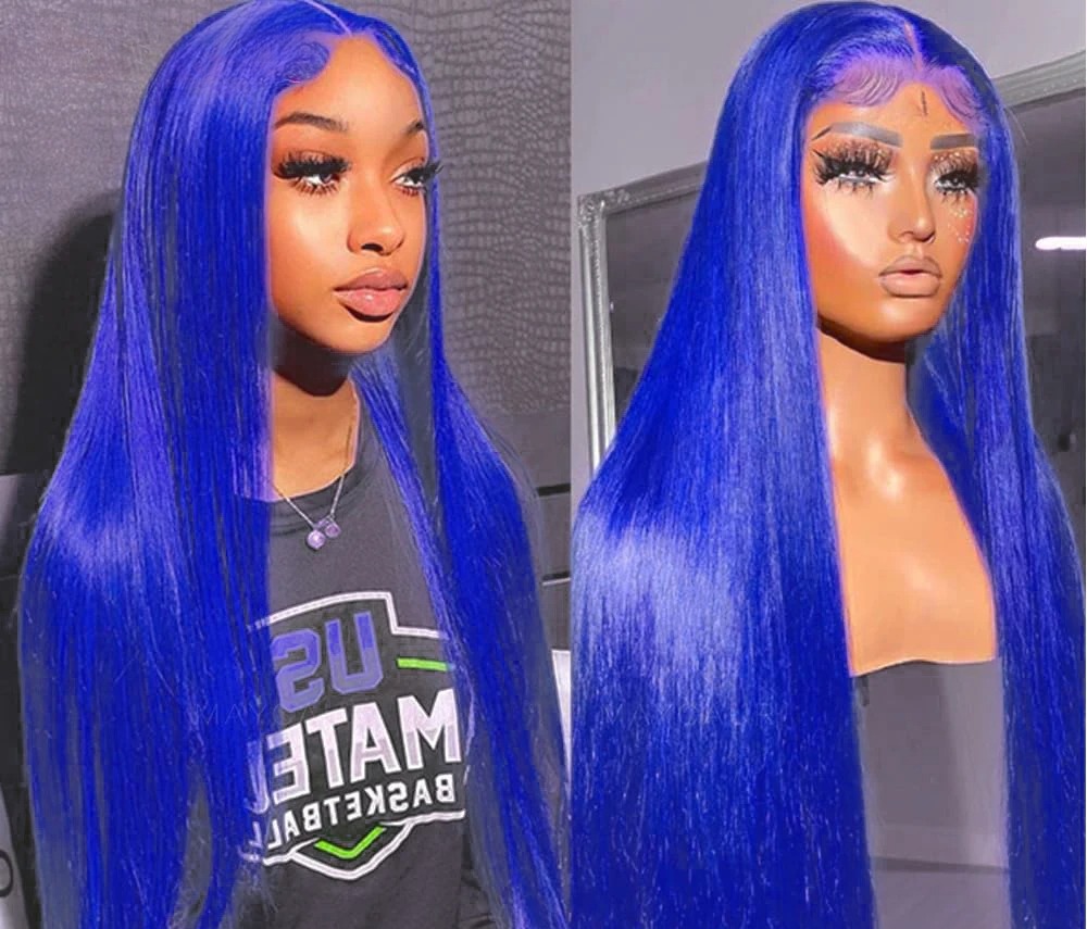 Navy Blue Color Hd Transparent Lace Frontal Wigs Human Hair For Black Women Brazilian Straight Blue Colored Lace Front Wig Synthetic