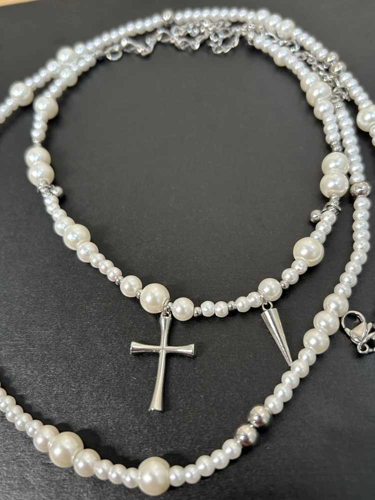 Vintage Punk Metal Rock Hip Hop Trend Long Pearl Cross Pendant Titanium Steel Chain Choke Necklace For Women Men Girls Jewelry Y250605