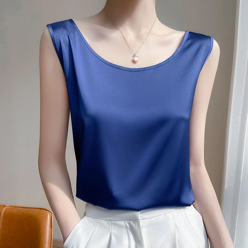Summer Silk Camis Womens T Shirts Sleeveless Vest Satin Tank Tops Office Elegant Fashion O Neck Champagne BlouseTop Women 250605