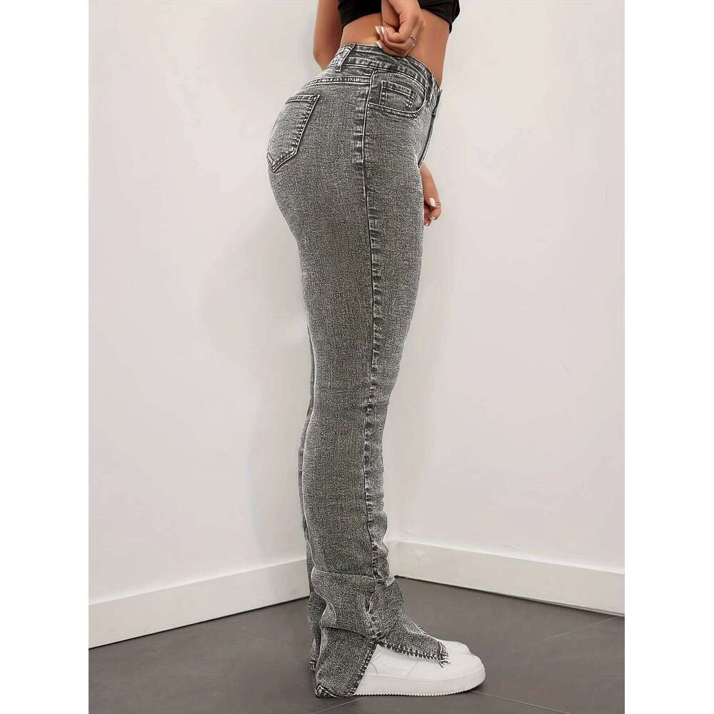 Gray Long Slit Slim Jeans Adjustable Pleats Stacked Personalized Fashion Casual High Waist Stretch Women's Versa