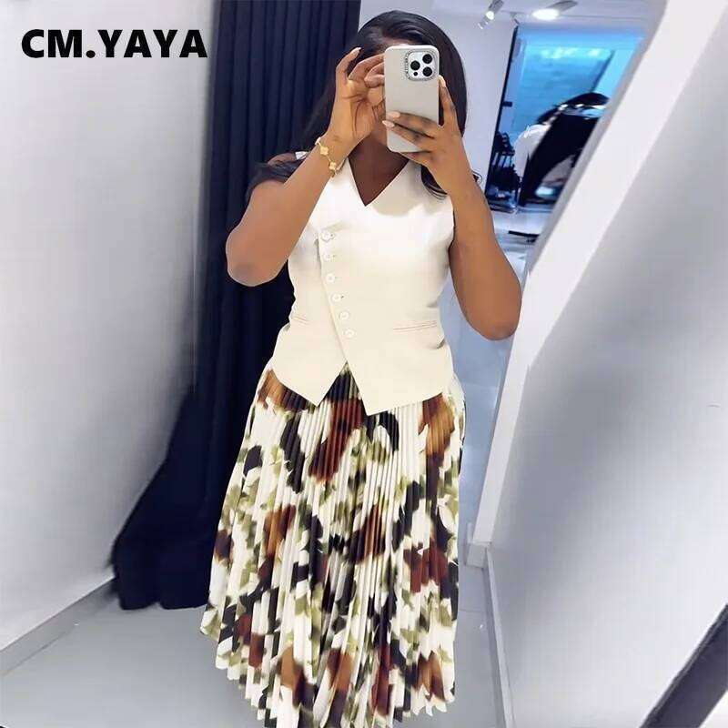 CM.YAYA Women Set Street Sleeveless V-Neck Button Tops +long Pleated Skirts Suits Two 2 Piece Sets Summer OL Fiess Tracksuits