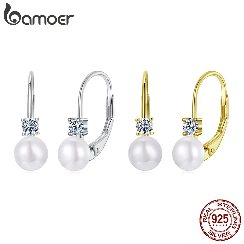 BAMOER Platinum Plated Moissanite Freshwater Pearl Earrings for Women, Round Cut Lab Diamond 925 Silver Hypoallergenic Earrings