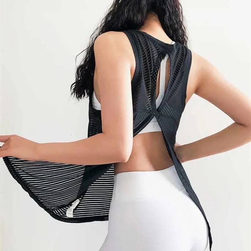 Summer New Striped Sports Tank Female Back Hollow Out Can Bandage Loose Quick Dry Running Gym Fiess Yoga Top