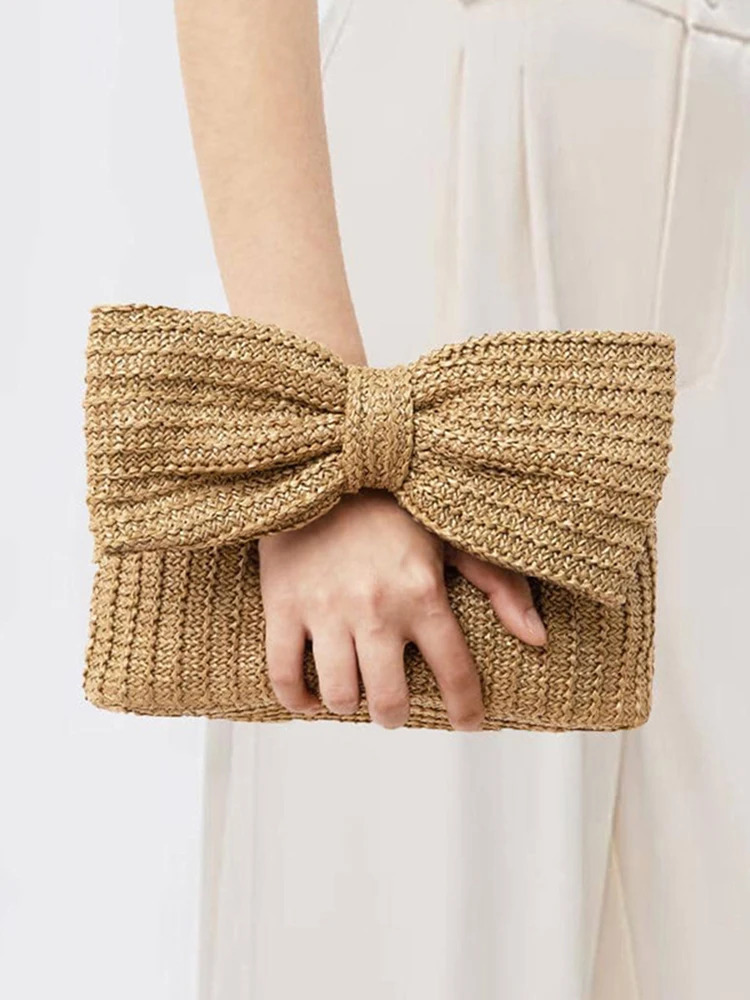 Women Weaving Clutch Bag Zipper Closure with Bow Simple Purse Versatile Female Party Wedding Bag 250605