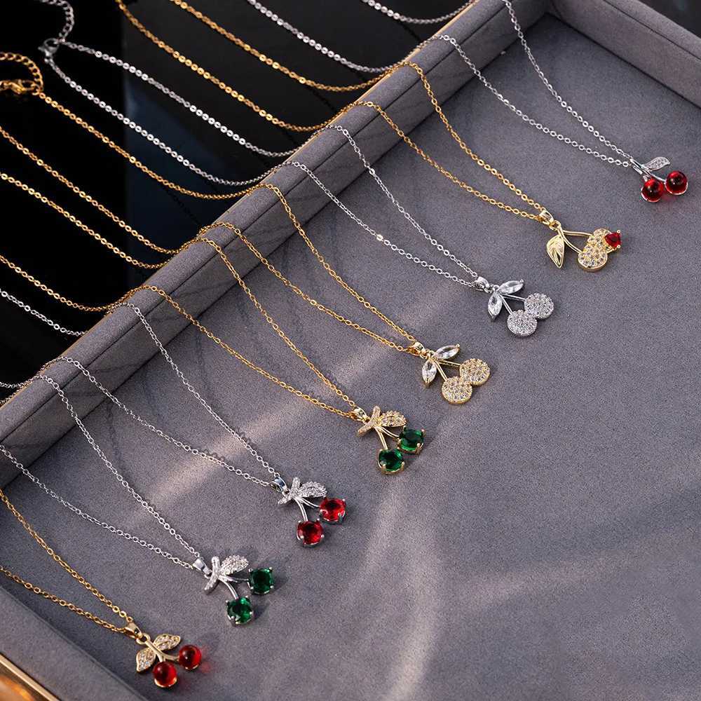 Shiny Cute Zircon Cherry Pendant Necklaces for Women Girls Stainless Steel Chain Kpop Sweet Collar Jewelry Accessories Gifts Y250605