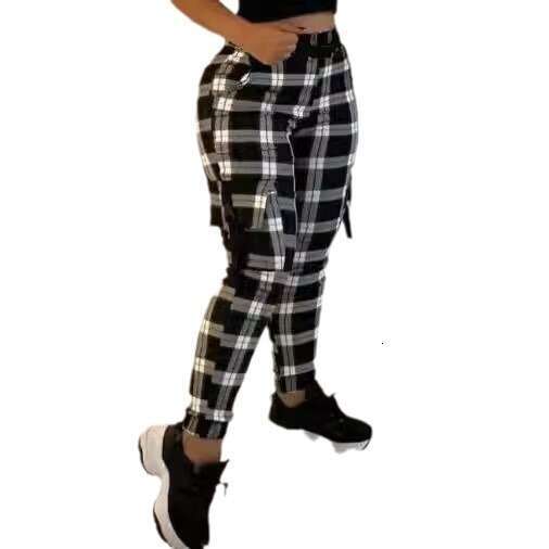 Women's Fashion Slim Fit Black Plaid Comfortable Casual Skinny Cargo Pants B5