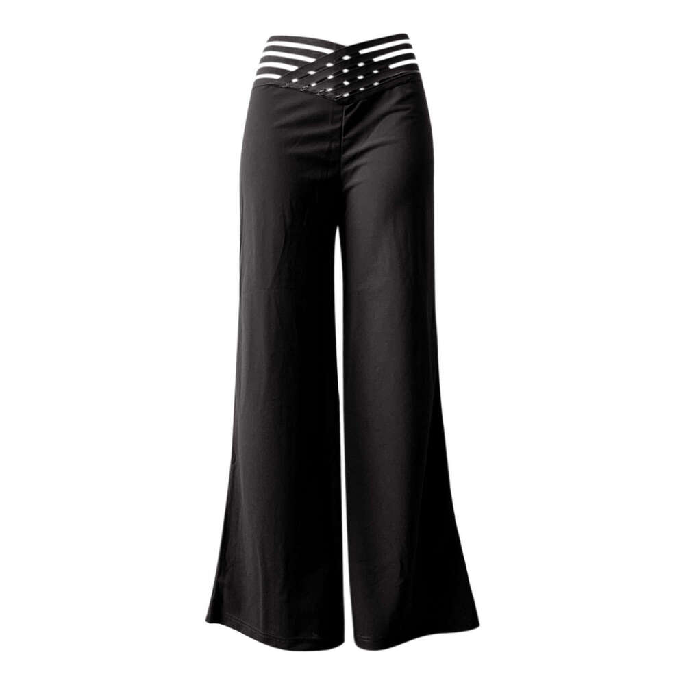 Women's Hollow Out Belted Long Elegant Commuter Flared High Waist Casual Wide Leg Pants B5