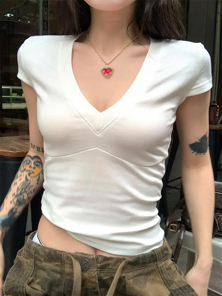 Basic Solid Crop Top Short Sleeve V-neck Skinny T-shirt Summer Casual Tee for Women Y2K Vintage Top Harajuku Streetwear 250605