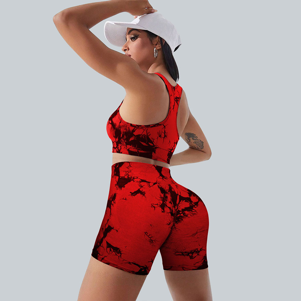 Outdoor sports and fitness tie dye seamless bra and women's high waist and hip lifting peach shorts two-piece set