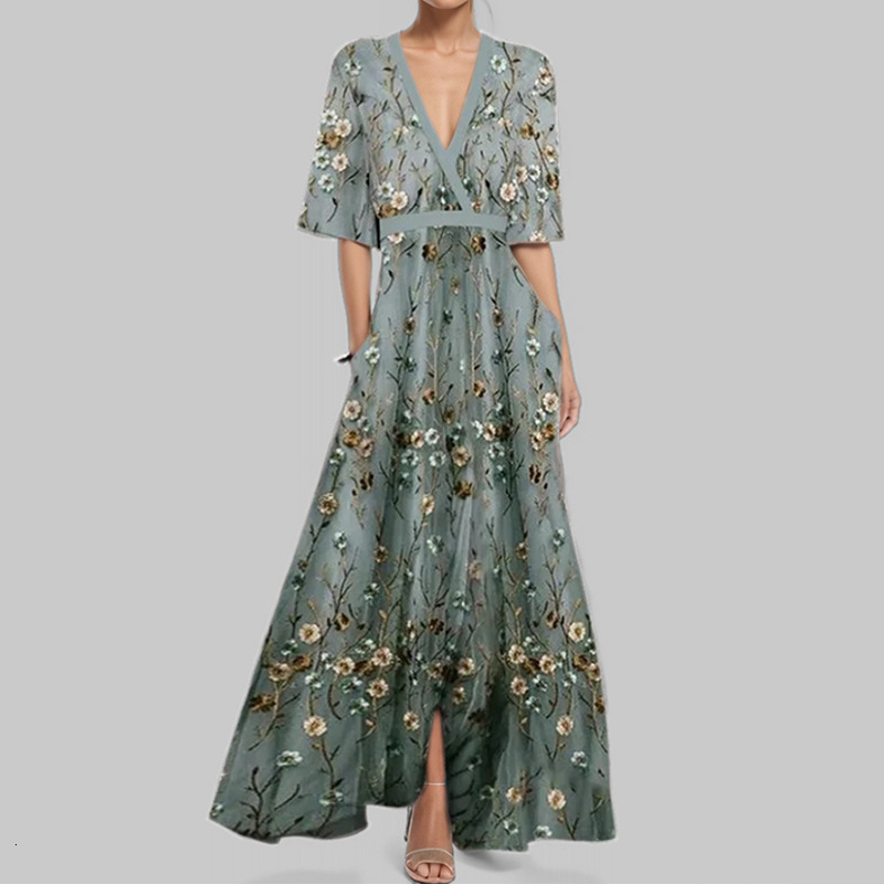 Basic Casual Dresses Women Floral Print Maxi Dress Casual Loose V Neck Long Sleeve Ankle-length Vestidos Spring Summer Elegant Holiday Shirt Robe 2305