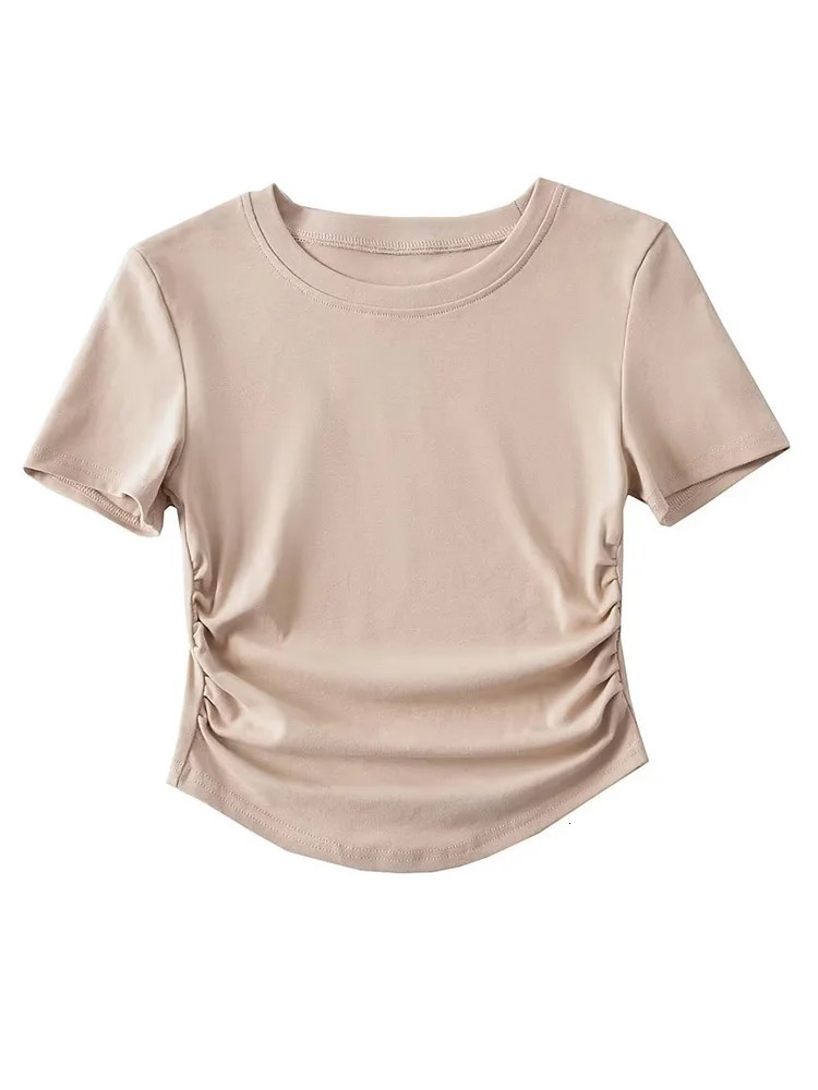 Harajuku Women Crew Neck Short Sleeve Cotton Tee With Ruched Sides Detail T-shirts 250530