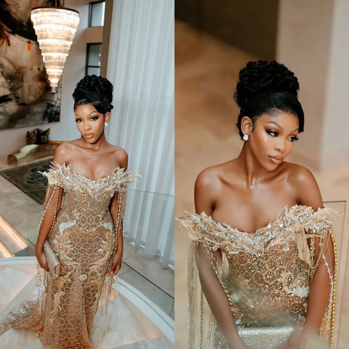 Gold Illusion Mermaid Evening Dresses Floral Crystals Sequined Prom Formal Party Second Birthday Engagement Gowns Customized