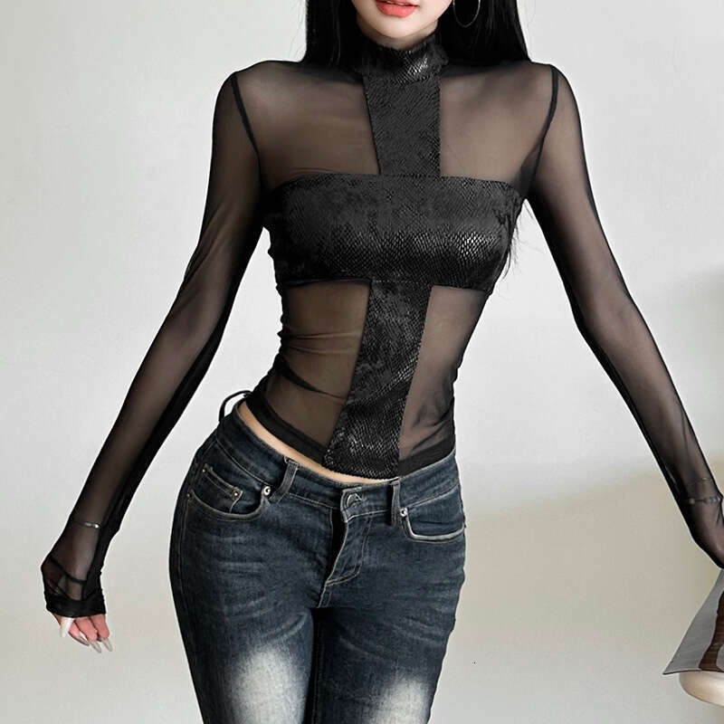 Autumn Winter New Women's Fashion Trendy Hot Girl Mesh See-Through Round Neck Slim Fit Top B5