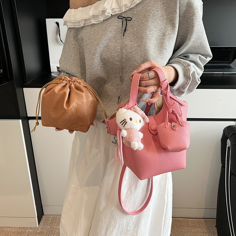 designer Minimalist Stylish Korean Style Lychee Pattern Basket Bag Spring Summer New Versatile Commuter Style Solid Color Crossbody Mother-Daughter Ba