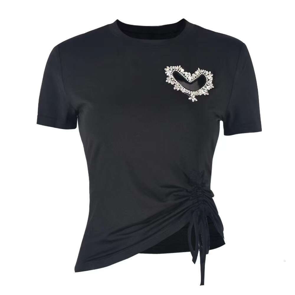 Women's Fashion Elegant Heart-Shaped Rhinestone Decor Irregular Round Neck Short Sleeve T-Shirt B5