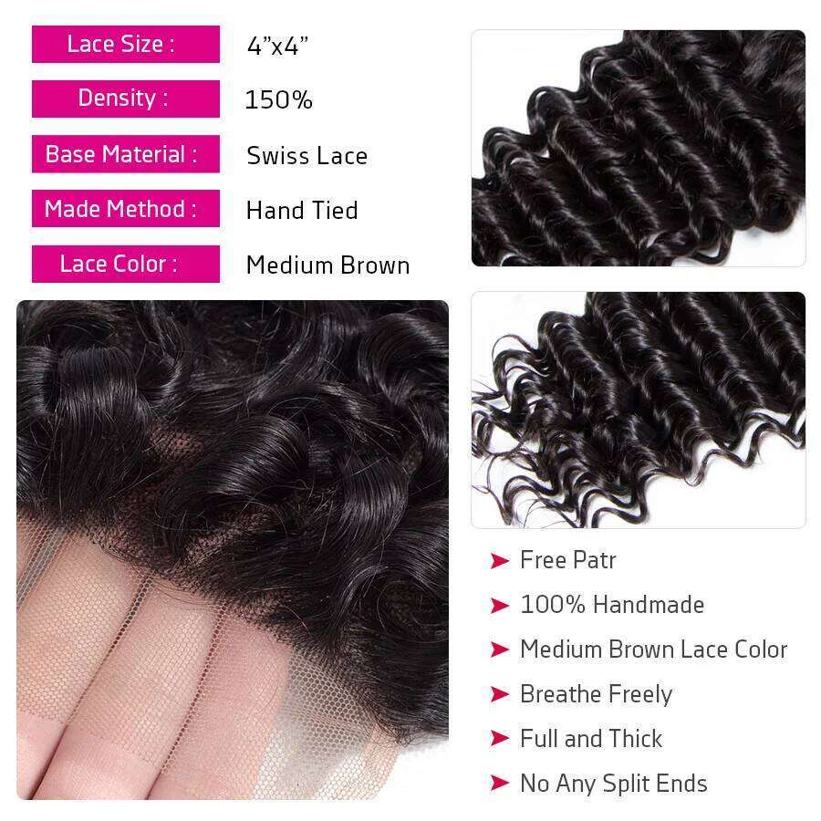 Cynosure Brazilian Deep Wave 3 Bundles with Lace Closure Remy Human Hair Extension