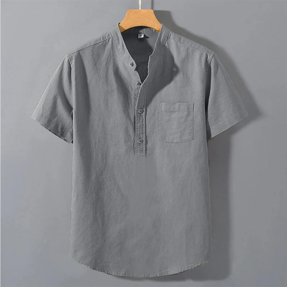 Mens Summer Short Sleeve Solid Color T-shirt Pocket Button Shirts Daily High Street Wear Simple Comfortable Style 250605