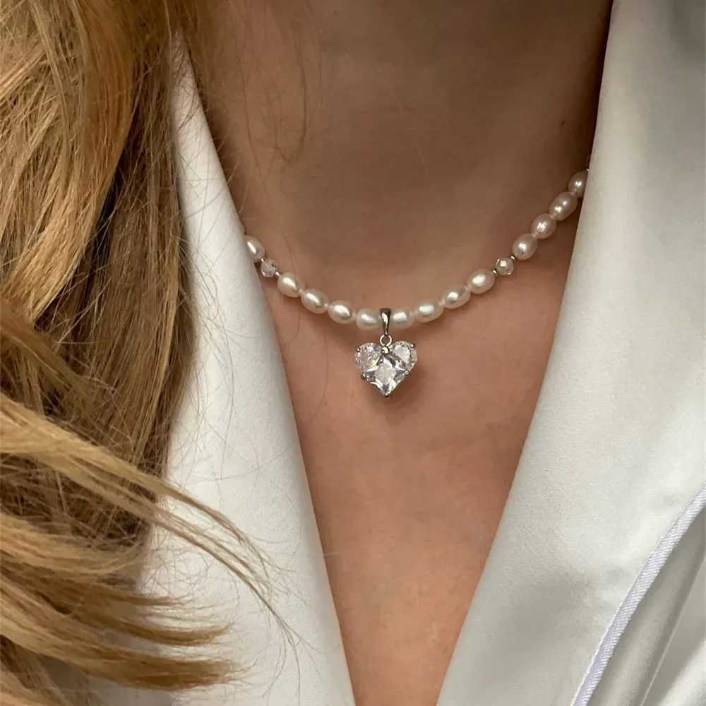 Boho Vintage Transparent Heart-shaped Crystal Pendant Necklace For Women Female Fashion Artificial Pearl Chain Choker Jewelry Y250605