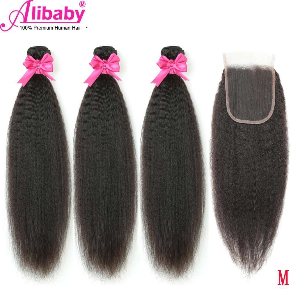 Peruvian Kinky Straight 4x4 100% Remy Human Hair Extension 1 2 With Closure Weave Bundles M