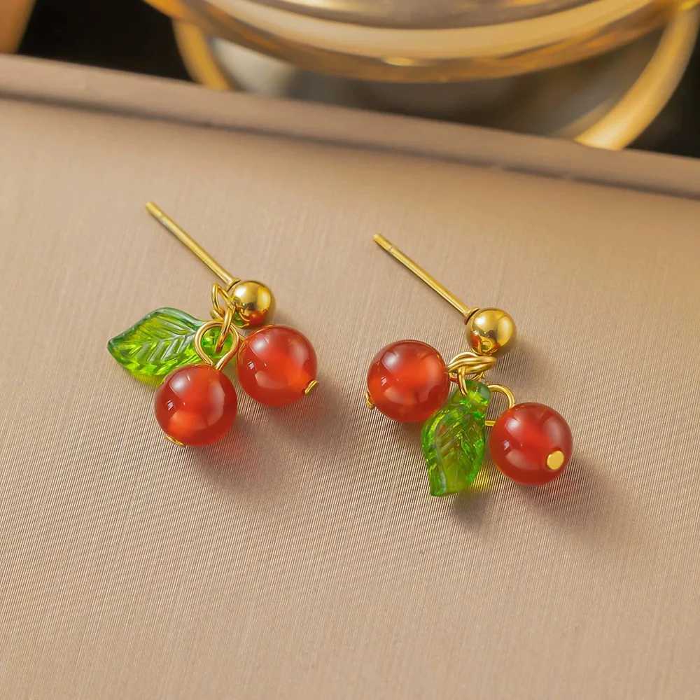 Cute Stainless Steel Cherry Necklace Earring Natural Stone Beads Pendant Chain Necklace Womens Fashion Wedding Jewelry Gift Y250605