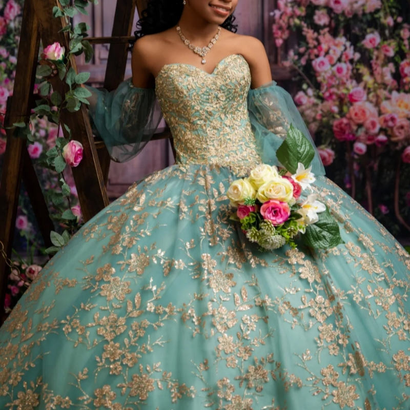 Mint Green Shiny Quinceanera Dresses Ball Gown Off The Shoulder Gold Applique Lace Beads Tull Sweet 16 Dress Vestidos 15 De Anos