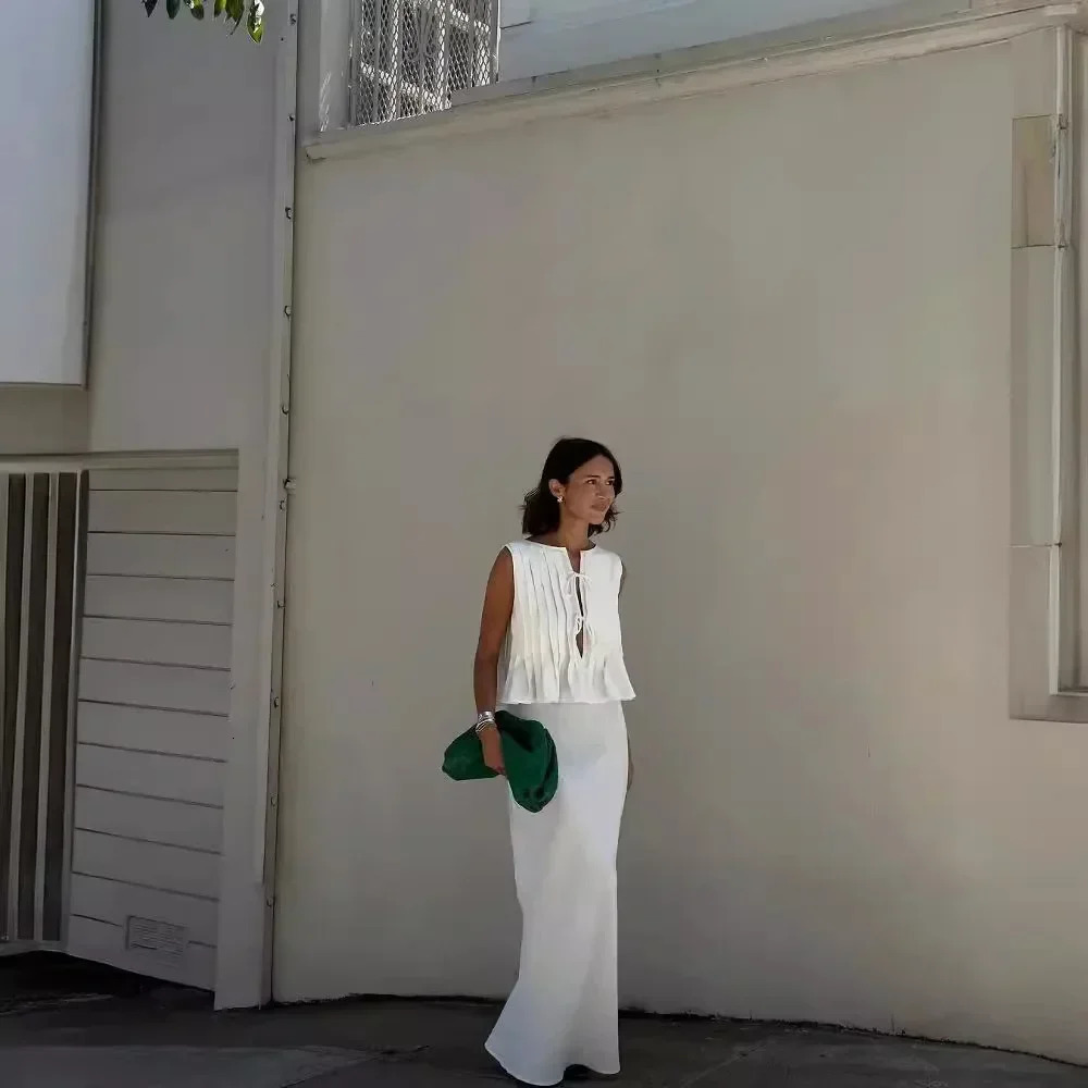 2025 Summer Cotton Linen Women Long Dress Suit White Sleeveless Top Elegant Skirt Set Female Holiday Beach Clothes Vestidos 250605