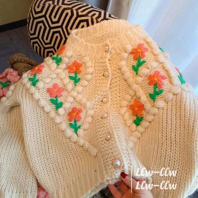 Hikigawa Autumn Winter Japanese Sweet Sweaters Korean Flower Knit O Neck Long Sleeve Jumpers Vintage Elegant Chic Sueter Mujer