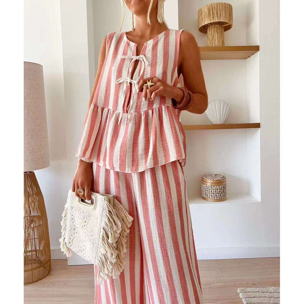 Temu Tie 2-Piece Set Striped Front Open Vest Top Wide-Leg Casual Pants Summer B5