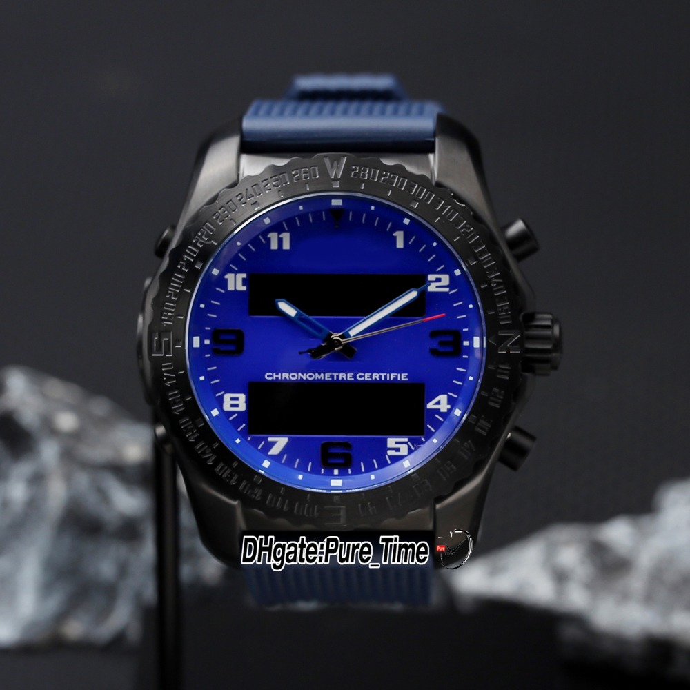 New Aerospace Professional Exospace 46 EB5510H21B1S1 Blue Dial Quartz Mens Watch Electronic & Analog LCD Digital Display PVD Black Steel Case Rubber Strap Watches