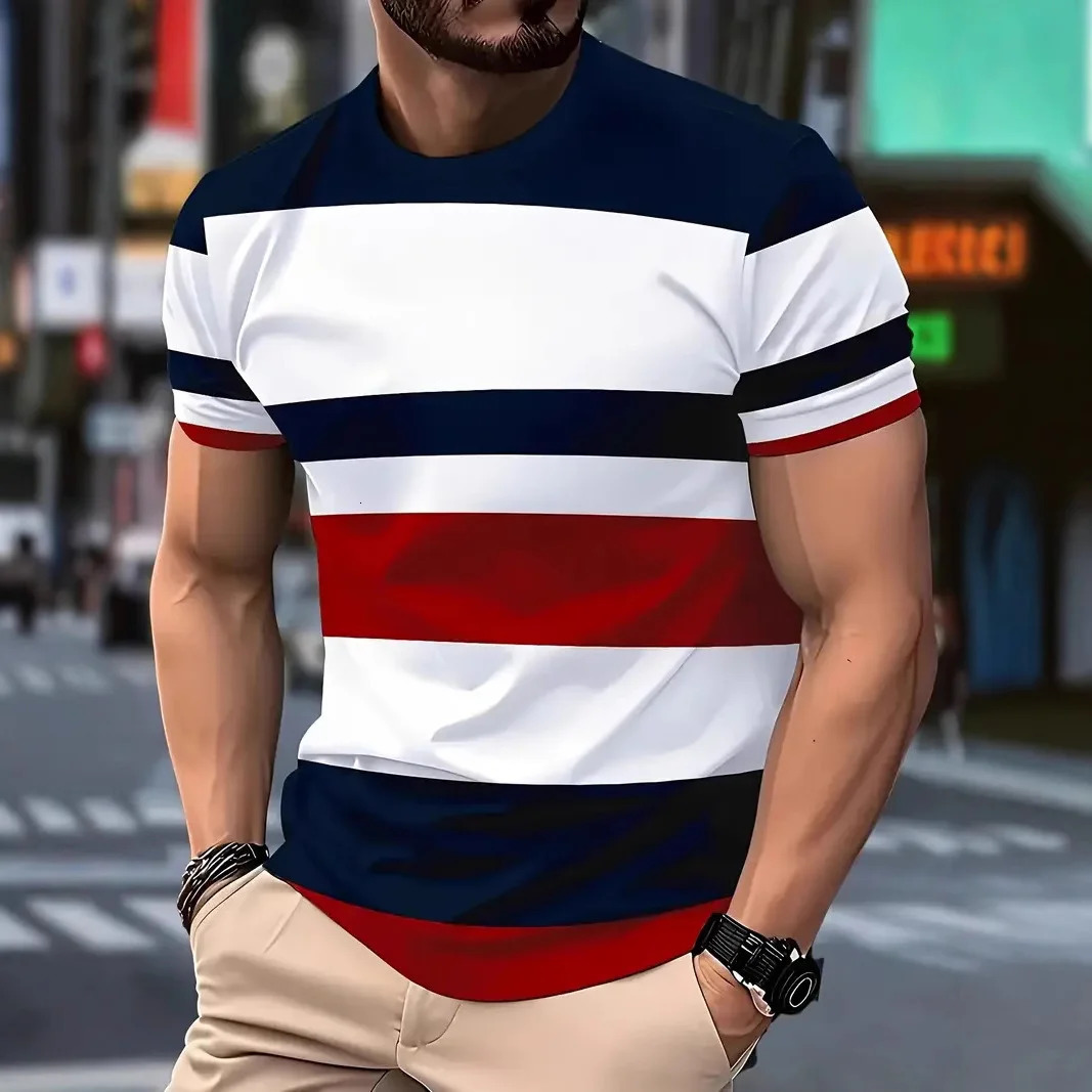 2025 Summer Mens Fashion 3D T Shirt Splicing Printed Colorblocking Casual Slim Short Sleeve Outdoor Sports Running Fitness Top 250605