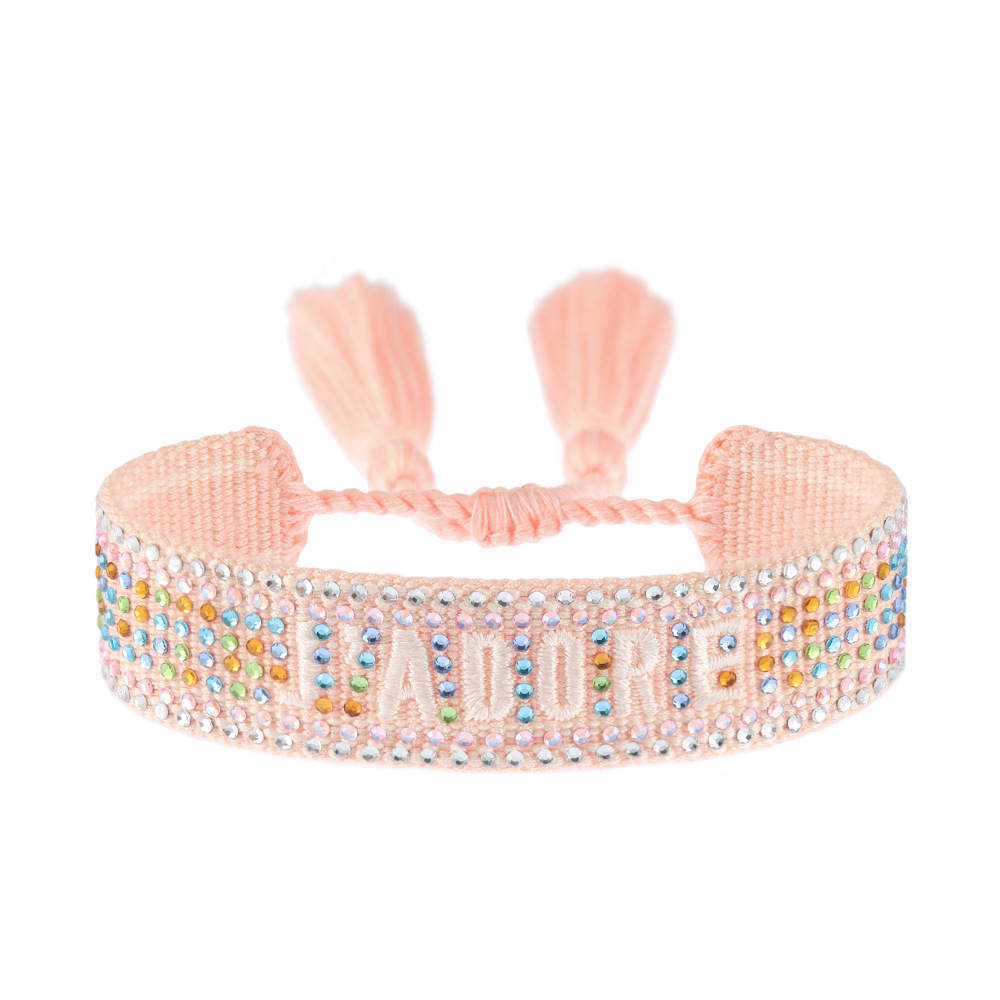 Colorful Diamond Embroidered Braided Bracelet Women Rhinestone Letter Fringe Wristband Jewelry