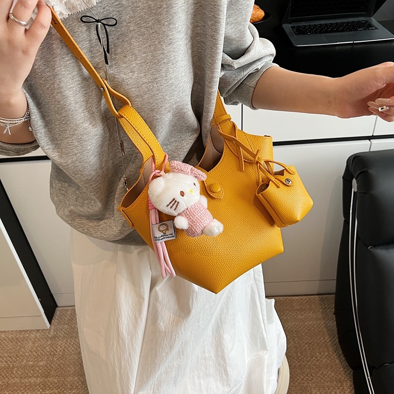 designer Minimalist Stylish Korean Style Lychee Pattern Basket Bag Spring Summer New Versatile Commuter Style Solid Color Crossbody Mother-Daughter Ba