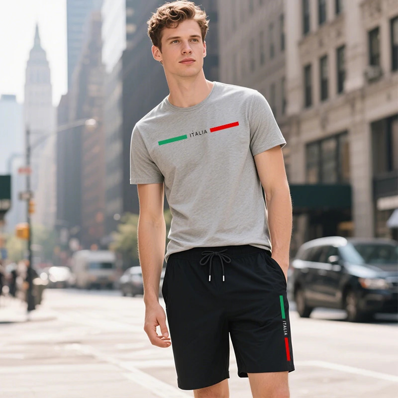 Mens Italy Printed Tracksuit T-shirts shorts 2pcs Set Summer Daily Casual Sports Jogger Suit Urban Fashion Cool Shorts Outfits 250605