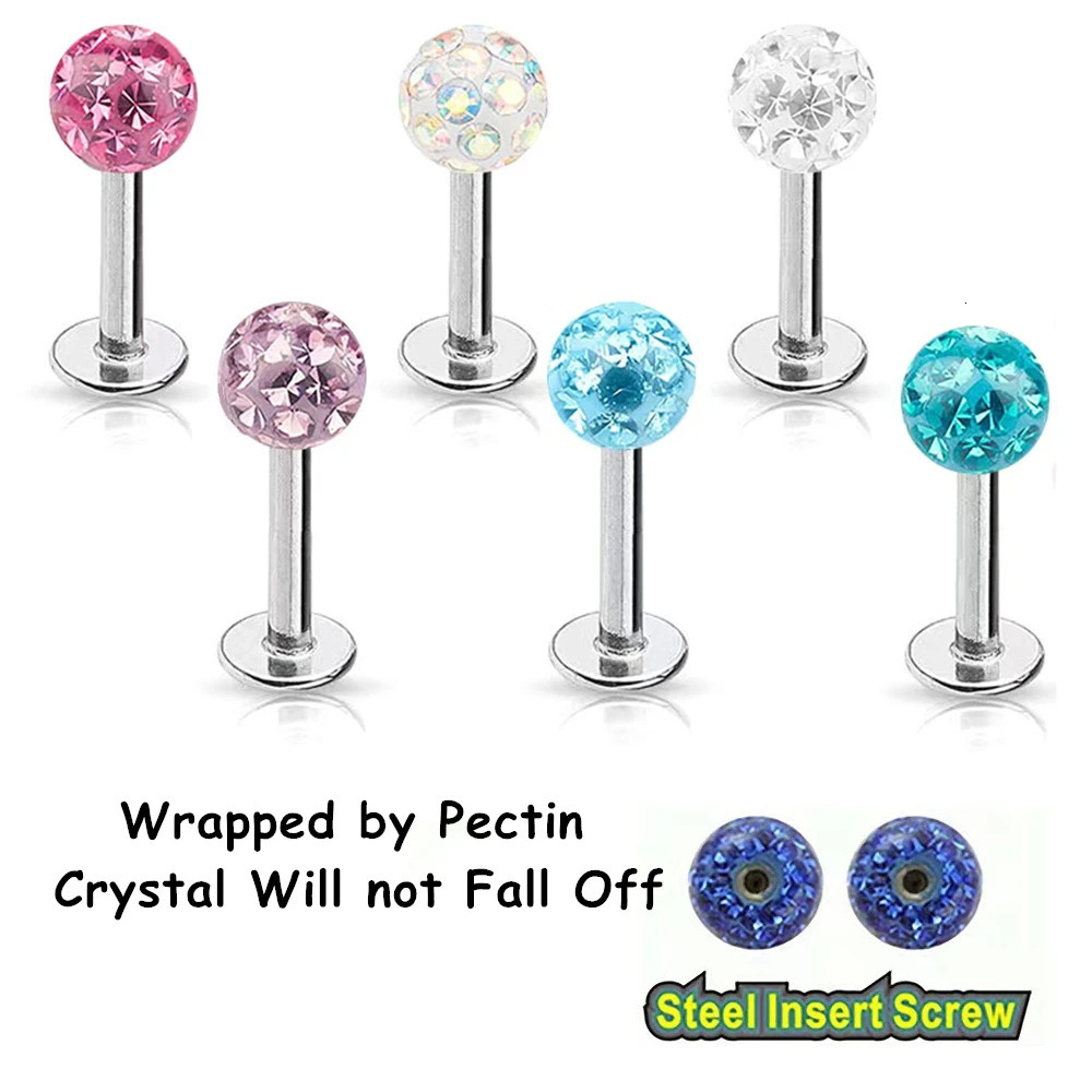 2X 3/4/5mm Coated Crystal Steel Labret Ring 6mm - 12mm Bar Ear Nose Monroe Lip Stud Piercing Jewellery 16g 1.2mm 250605