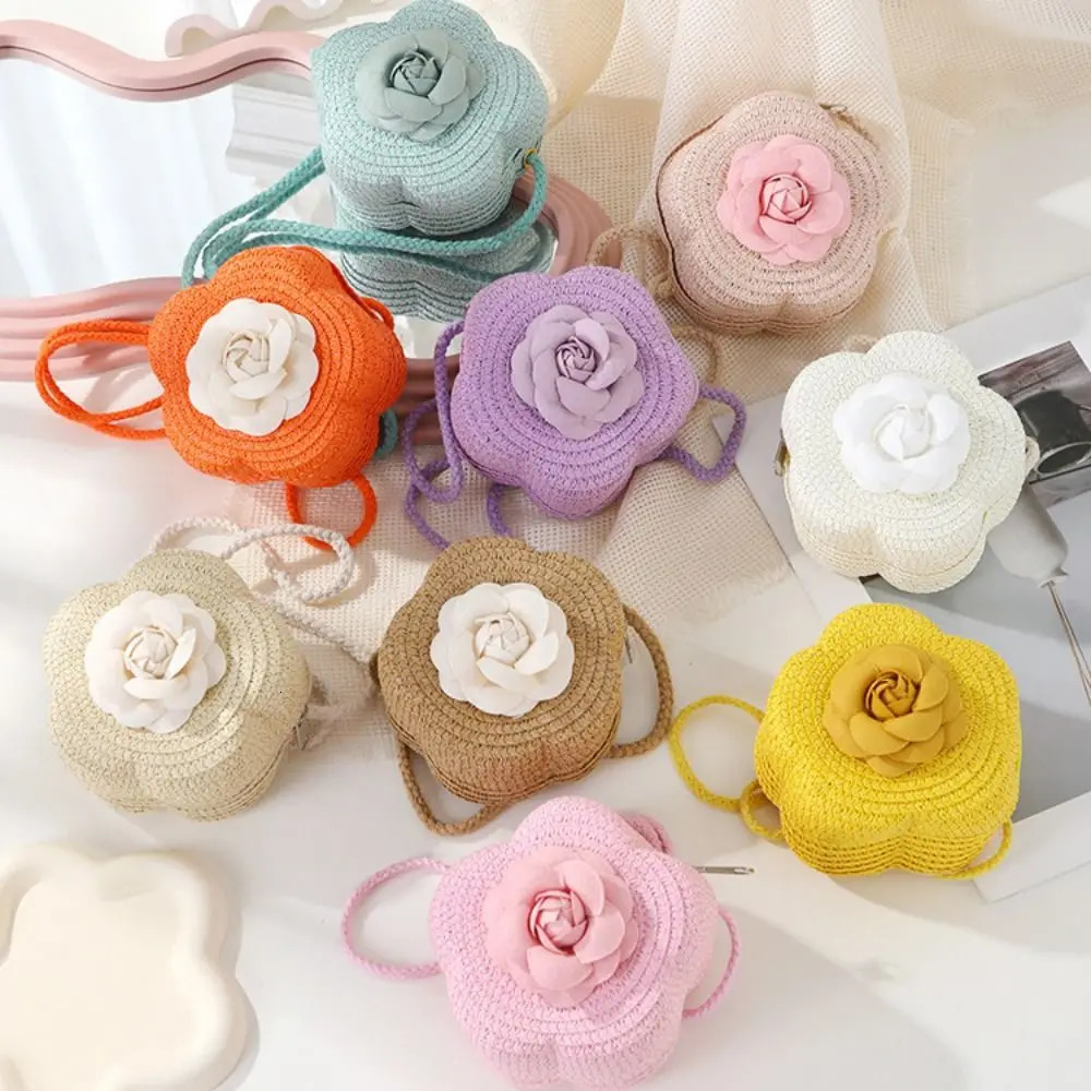 Childrens Straw Small Shoulder Bag Woven Cute Flower Baby Girls Purse Handbag Mini Round Hand Made Beach Crossbody Bag 250605