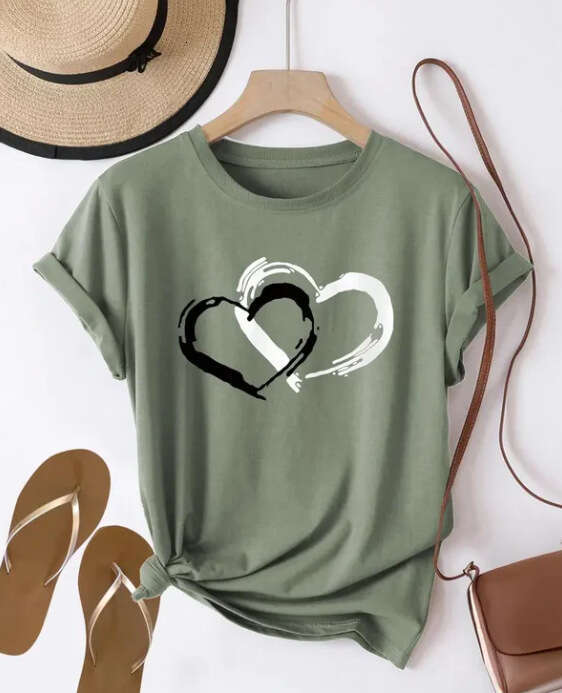 Women's Cotton 200G Short Sleeve Shopee Valentine's Day Heart Round Neck Top B5