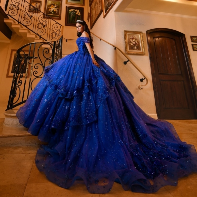 Royal Blue Shiny Quinceanera Dresses Ball Gown Off The Shoulder Sequin Applique Lace Beads Tull Sweet 16 Dress Vestidos 15 De Anos