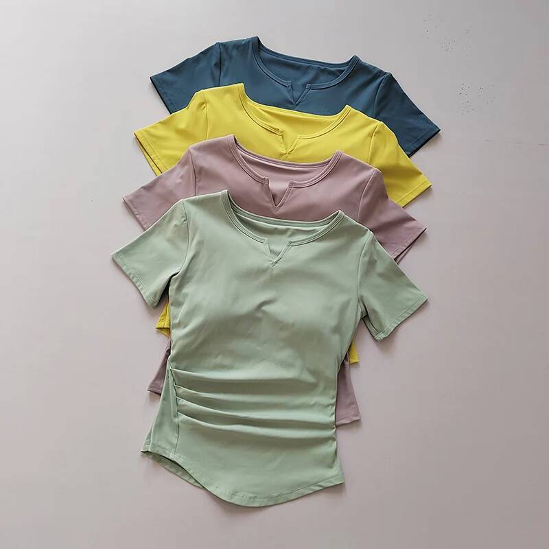 V-neck Tie Breast Pad Yoga Suit Short Sleeve Women's Gym Summer Slim Training Fiess Top Quick Dry Running T-shirt Clothing