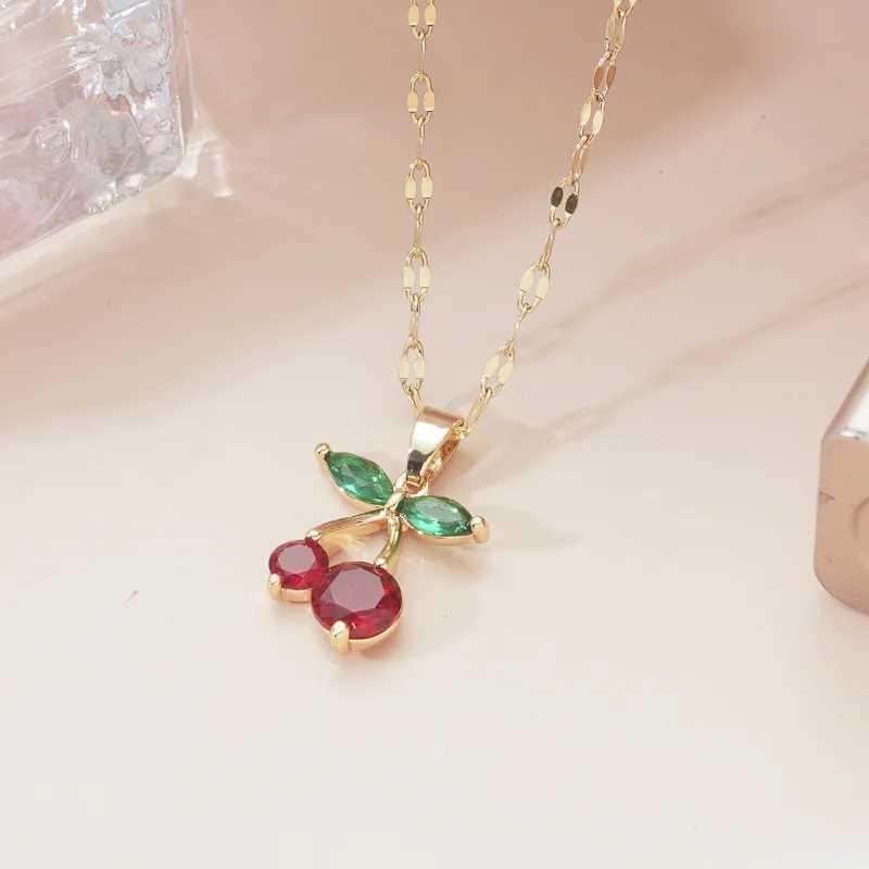 Fashion Korean style red cherry pendant micro-set zircon cute fruit necklace temperament cherry personality clavicle chain gift Y250605