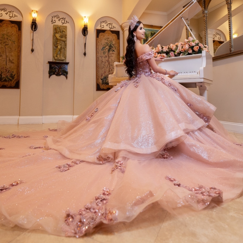 Pink Shiny Off The Shoulder Ball Gown Quinceanera Dresses Appliques Flower Beading Crystal Tull Sweet 16 Dress vestidos 15 anos