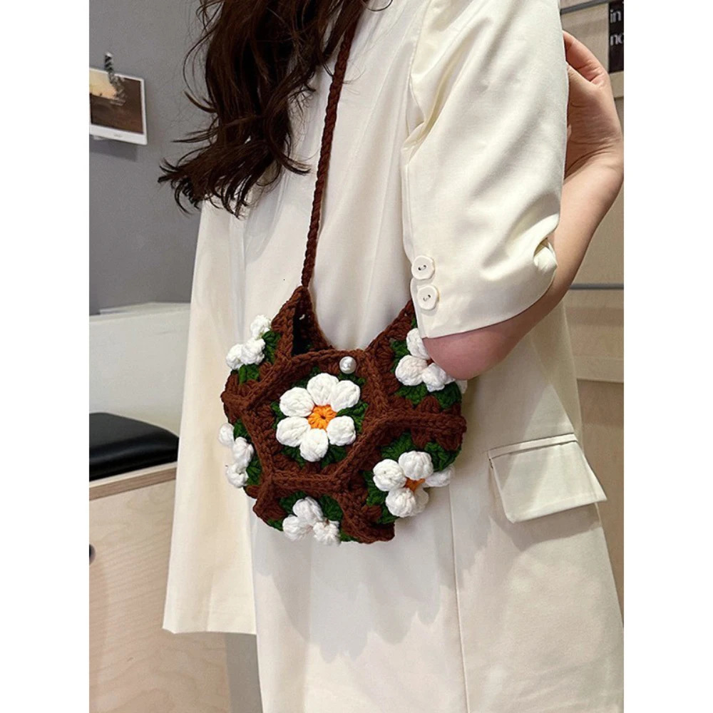 Knitted Bags Spring Summer Floral Contrast Color Soft Crossbody Bag Women Daily Holiday Casual Shoulder Packs 250605