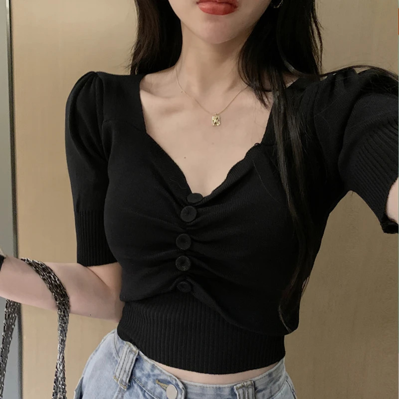 Womens Short Sleeve Knit Top with Button Front Sweetheart Neck Sweater Summer Office Lady Knitwear Korean Chic Elegant Outfit 250530