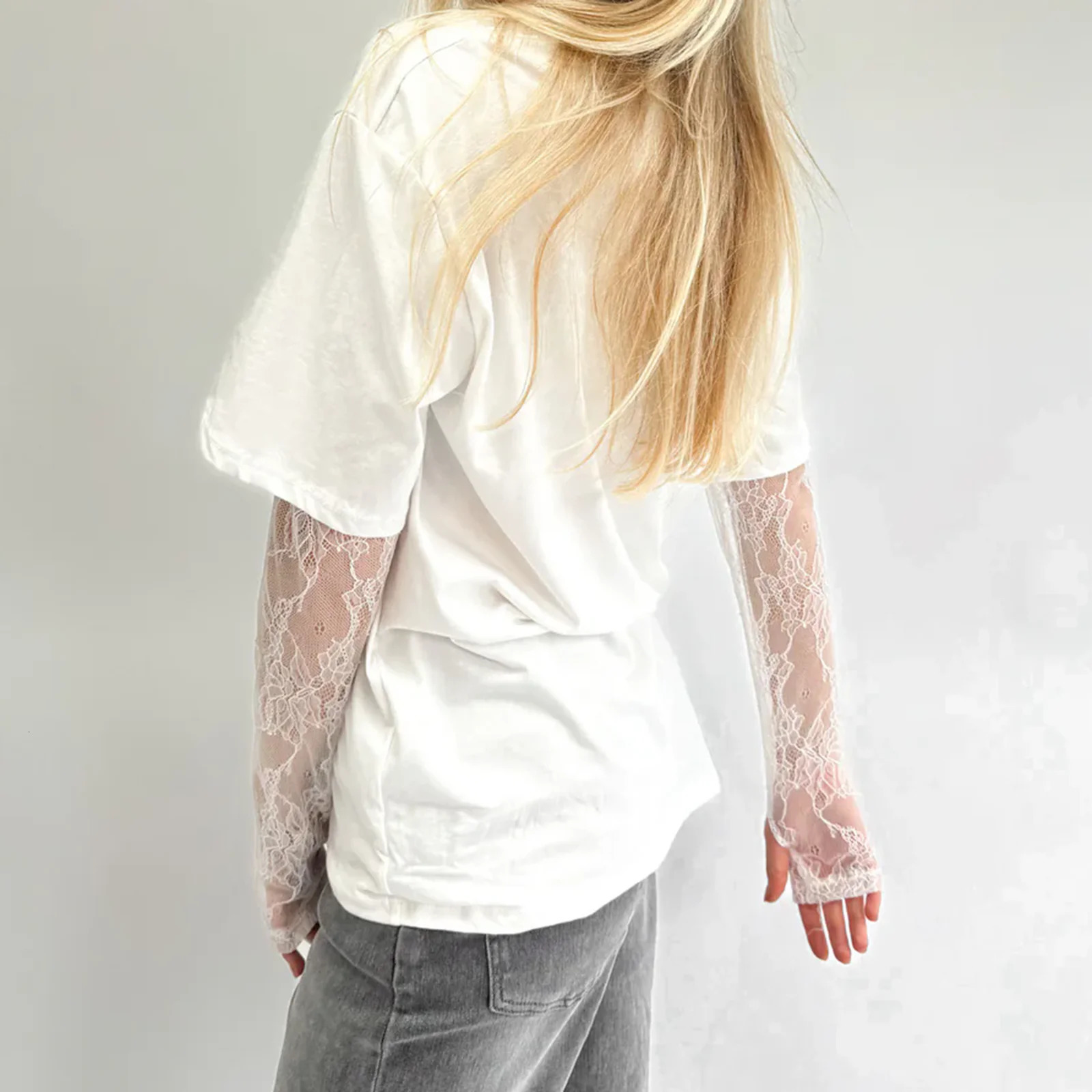 hirigin Fashion Women Round Neck T-Shirts Lace Long Sleeve Casual Shirts Spring Fall Loose Fit Tops Y2K Vintage Streetwear 250605