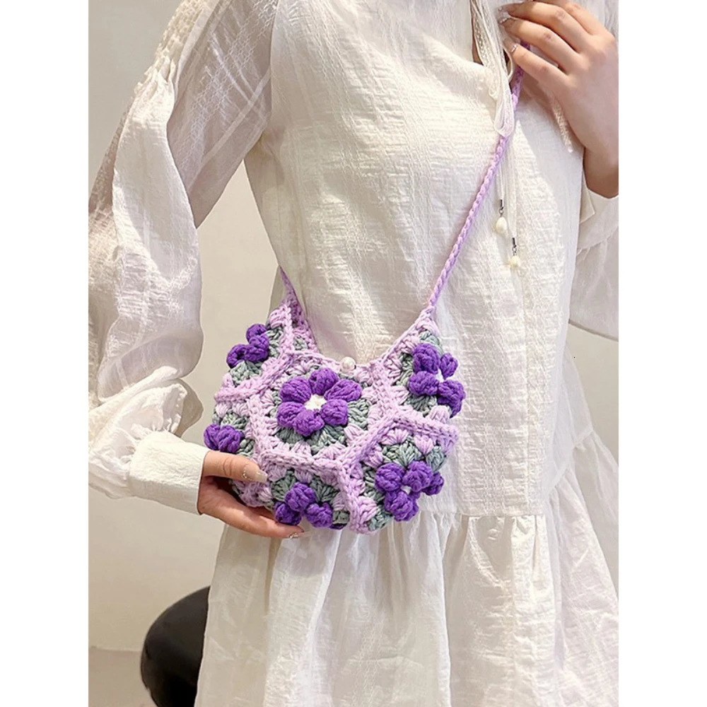 Knitted Bags Spring Summer Floral Contrast Color Soft Crossbody Bag Women Daily Holiday Casual Shoulder Packs 250605
