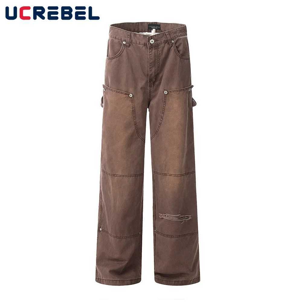 Removable Double Knee Denim Carpenter Pants Mens Retro High Street Straight Wide Leg Washed Distressed Jeans Men Z250605
